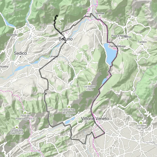 Zemljevid v pomanjšavi "Kolesarska pot okoli Belluna" kolesarske inspiracije v Veneto, Italy. Generirano z načrtovalcem kolesarskih poti Tarmacs.app