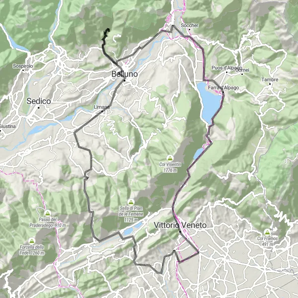 Miniatura della mappa di ispirazione al ciclismo "Giro in bicicletta tra Vittorio Veneto e Belluno" nella regione di Veneto, Italy. Generata da Tarmacs.app, pianificatore di rotte ciclistiche