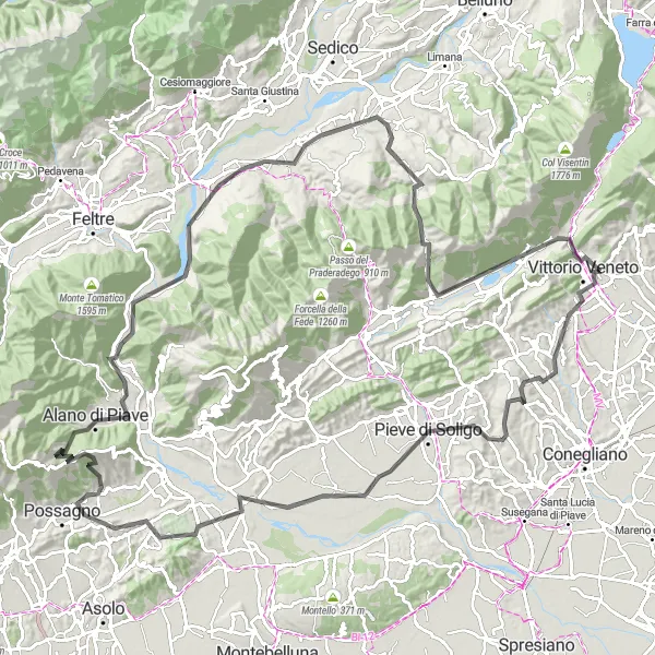 Miniaturekort af cykelinspirationen "Landevejscykelrute til Monte Tomba og Passo San Boldo" i Veneto, Italy. Genereret af Tarmacs.app cykelruteplanlægger