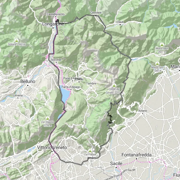 Zemljevid v pomanjšavi "Dolga kolesarska pot skozi Vittorio Veneto, Sella di Fadalto, Soverzene, Passo San Osvaldo, Cimolais, Barcis, Monte Plai, Piancavallo, Col Alto, Col de Cao, Castelir in San Martino" kolesarske inspiracije v Veneto, Italy. Generirano z načrtovalcem kolesarskih poti Tarmacs.app