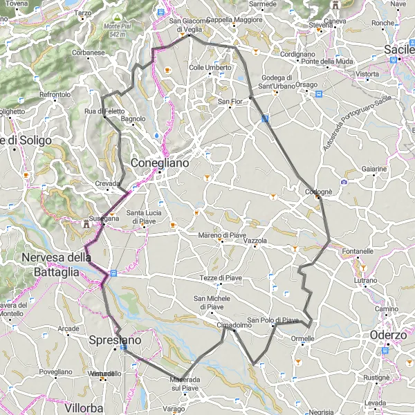 Miniatura della mappa di ispirazione al ciclismo "Circuito di Susegana" nella regione di Veneto, Italy. Generata da Tarmacs.app, pianificatore di rotte ciclistiche
