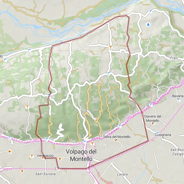 Miniatua del mapa de inspiración ciclista "Ruta a Montello en Grava" en Veneto, Italy. Generado por Tarmacs.app planificador de rutas ciclistas