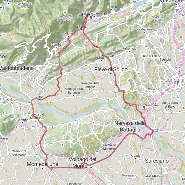 Zemljevid v pomanjšavi "Kolesarska avantura Ciano del Montello" kolesarske inspiracije v Veneto, Italy. Generirano z načrtovalcem kolesarskih poti Tarmacs.app
