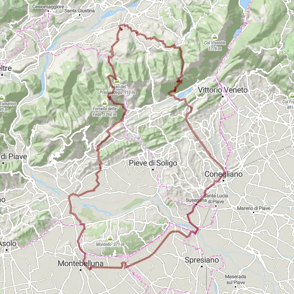 Kartminiatyr av "Grusvägscykling till Follina och Conegliano" cykelinspiration i Veneto, Italy. Genererad av Tarmacs.app cykelruttplanerare