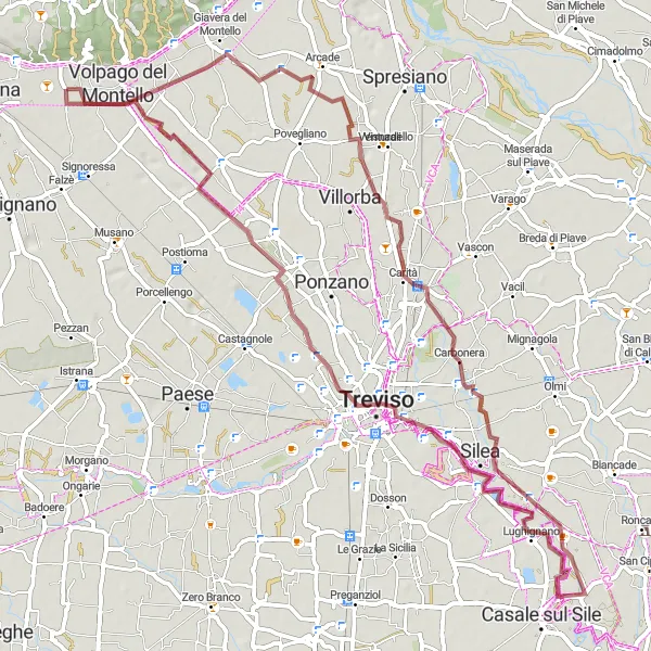 Zemljevid v pomanjšavi "Giavera del Montello in okolica" kolesarske inspiracije v Veneto, Italy. Generirano z načrtovalcem kolesarskih poti Tarmacs.app