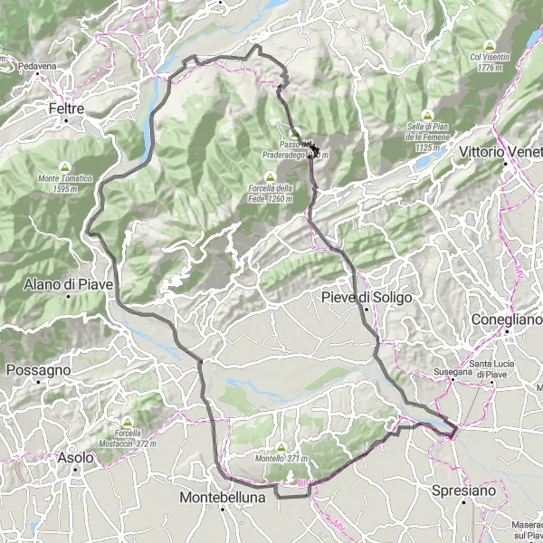 Map miniature of "The Montello Challenge" cycling inspiration in Veneto, Italy. Generated by Tarmacs.app cycling route planner