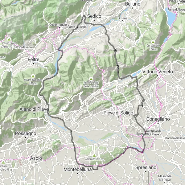 Kartminiatyr av "Historisk cykeltur till Tarzo och Nervesa della Battaglia" cykelinspiration i Veneto, Italy. Genererad av Tarmacs.app cykelruttplanerare