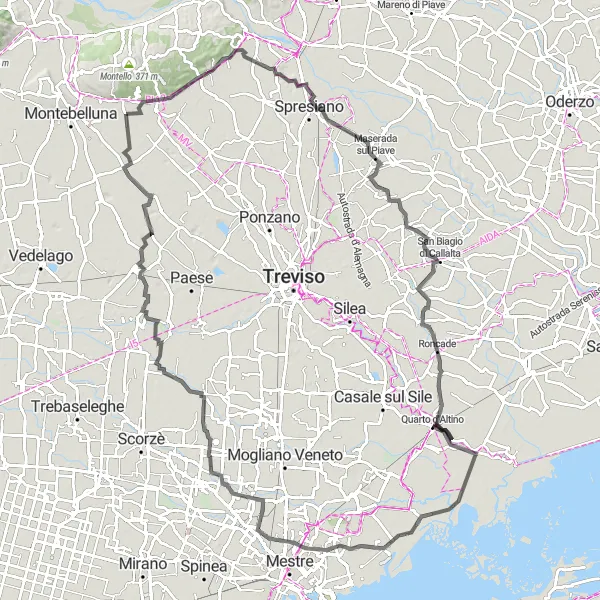 Zemljevid v pomanjšavi "Kolesarska pot okoli Montella" kolesarske inspiracije v Veneto, Italy. Generirano z načrtovalcem kolesarskih poti Tarmacs.app
