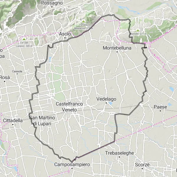 Kartminiatyr av "Musano til Maser Road Cycling Route" sykkelinspirasjon i Veneto, Italy. Generert av Tarmacs.app sykkelrutoplanlegger