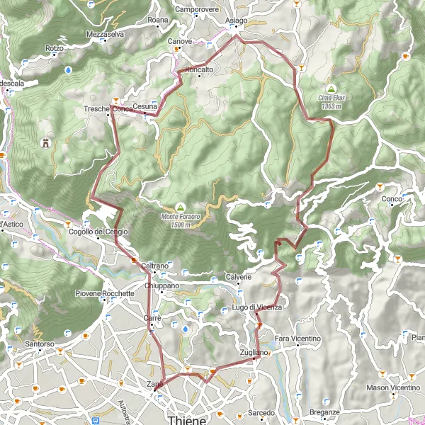 Kartminiatyr av "Grusvei opplevelse nær Zanè" sykkelinspirasjon i Veneto, Italy. Generert av Tarmacs.app sykkelrutoplanlegger