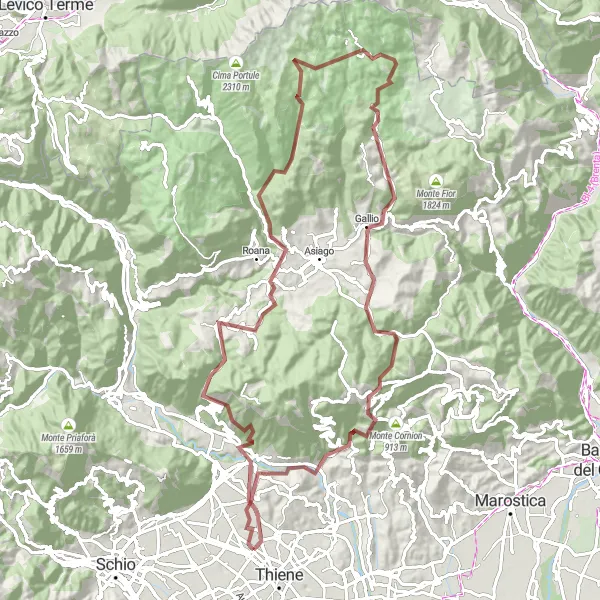 Map miniature of "Gravel Adventure in Monte Zavagnin and Gallio" cycling inspiration in Veneto, Italy. Generated by Tarmacs.app cycling route planner