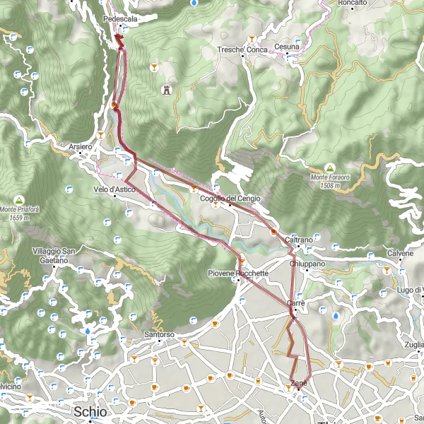 Miniaturekort af cykelinspirationen "Grusvej cykelrute omkring Zanè" i Veneto, Italy. Genereret af Tarmacs.app cykelruteplanlægger