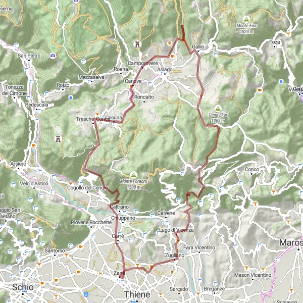 Miniaturní mapa "Gravel cyklistická trasa okolo Zanè" inspirace pro cyklisty v oblasti Veneto, Italy. Vytvořeno pomocí plánovače tras Tarmacs.app