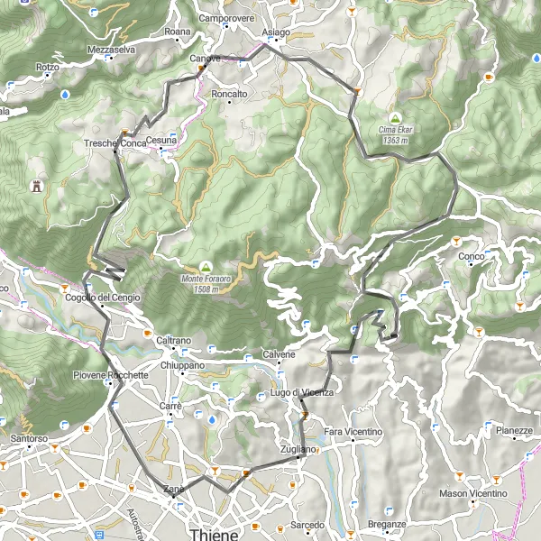 Miniaturní mapa "Venetian Hills Road Cycling Adventure" inspirace pro cyklisty v oblasti Veneto, Italy. Vytvořeno pomocí plánovače tras Tarmacs.app