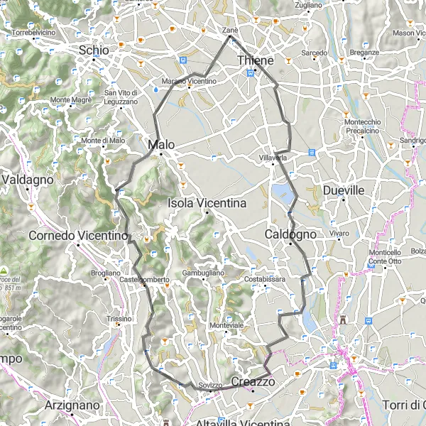 Zemljevid v pomanjšavi "Cestna pustolovščina v bližini Zanèa" kolesarske inspiracije v Veneto, Italy. Generirano z načrtovalcem kolesarskih poti Tarmacs.app