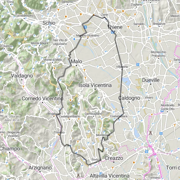 Karten-Miniaturansicht der Radinspiration "Rundweg durch Monteviale und Marano Vicentino" in Veneto, Italy. Erstellt vom Tarmacs.app-Routenplaner für Radtouren