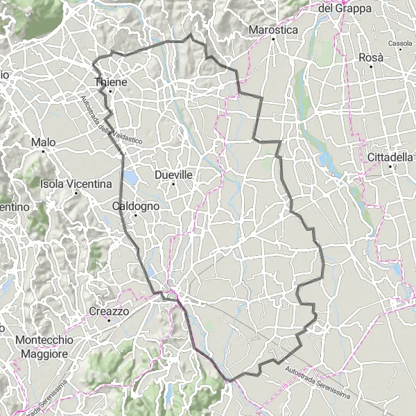Karten-Miniaturansicht der Radinspiration "Vicenza und Thiene Rundweg" in Veneto, Italy. Erstellt vom Tarmacs.app-Routenplaner für Radtouren