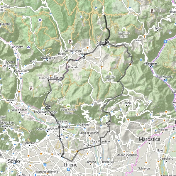 Map miniature of "Monte Zavagnin to Fara Vicentino Loop" cycling inspiration in Veneto, Italy. Generated by Tarmacs.app cycling route planner