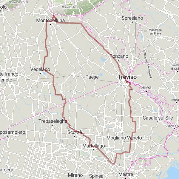 Kartminiatyr av "Grusvägscykling till Belvedere" cykelinspiration i Veneto, Italy. Genererad av Tarmacs.app cykelruttplanerare