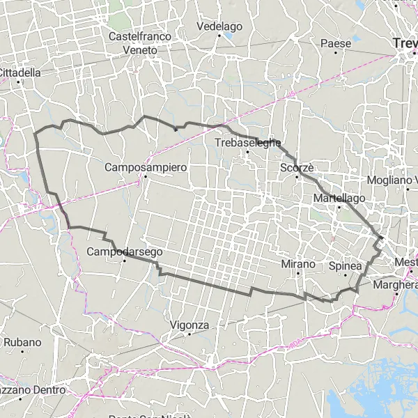 Zemljevid v pomanjšavi "Kolesarska pot z začetkom v Zelarinu" kolesarske inspiracije v Veneto, Italy. Generirano z načrtovalcem kolesarskih poti Tarmacs.app