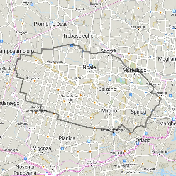 Miniaturní mapa "Cyklistická trasa kolem Zelarino" inspirace pro cyklisty v oblasti Veneto, Italy. Vytvořeno pomocí plánovače tras Tarmacs.app
