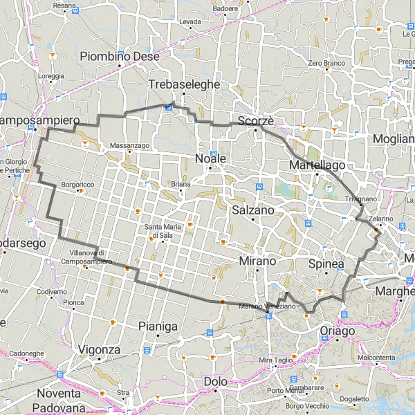 Map miniature of "Marano Veneziano and San Michele delle Badesse Ride" cycling inspiration in Veneto, Italy. Generated by Tarmacs.app cycling route planner