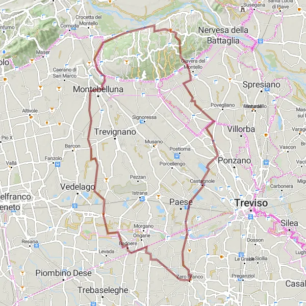 Miniatura della mappa di ispirazione al ciclismo "Avventura gravel da Badoere a Quinto di Treviso" nella regione di Veneto, Italy. Generata da Tarmacs.app, pianificatore di rotte ciclistiche