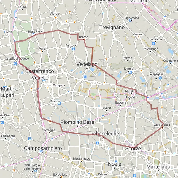 Miniaturní mapa "Gravelový okruh do Trebaseleghe a Castelfranco Veneto" inspirace pro cyklisty v oblasti Veneto, Italy. Vytvořeno pomocí plánovače tras Tarmacs.app