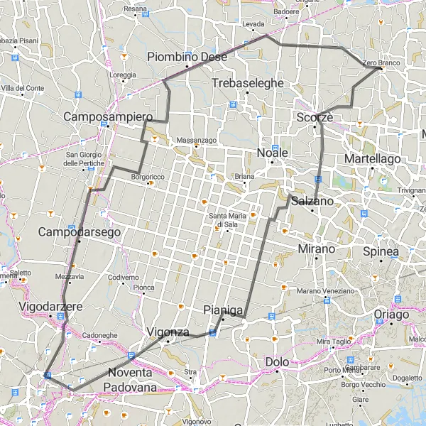 Miniatua del mapa de inspiración ciclista "Ruta en Carretera por Salzano y Campodarsego" en Veneto, Italy. Generado por Tarmacs.app planificador de rutas ciclistas