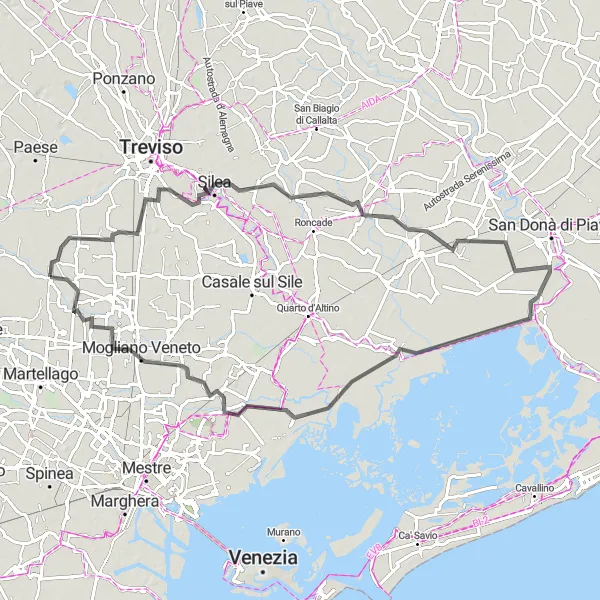 Miniaturní mapa "Okruh do Silea, Meolo a Mogliano Veneto" inspirace pro cyklisty v oblasti Veneto, Italy. Vytvořeno pomocí plánovače tras Tarmacs.app