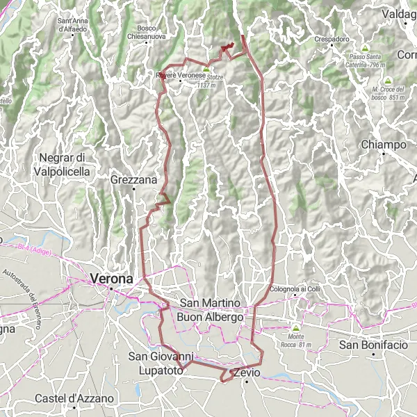 Map miniature of "Zevio Gravel Adventure" cycling inspiration in Veneto, Italy. Generated by Tarmacs.app cycling route planner