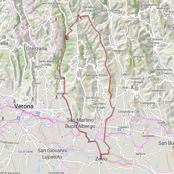 Kartminiatyr av "Grusvei sykkelrute fra Zevio" sykkelinspirasjon i Veneto, Italy. Generert av Tarmacs.app sykkelrutoplanlegger