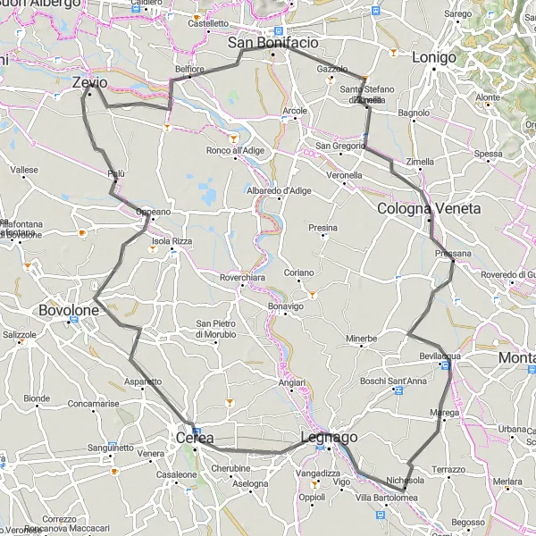 Map miniature of "Zevio - San Bonifacio Loop" cycling inspiration in Veneto, Italy. Generated by Tarmacs.app cycling route planner