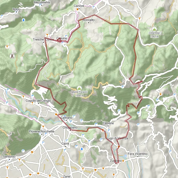 Map miniature of "Gravel Adventure: Monte Grumo" cycling inspiration in Veneto, Italy. Generated by Tarmacs.app cycling route planner