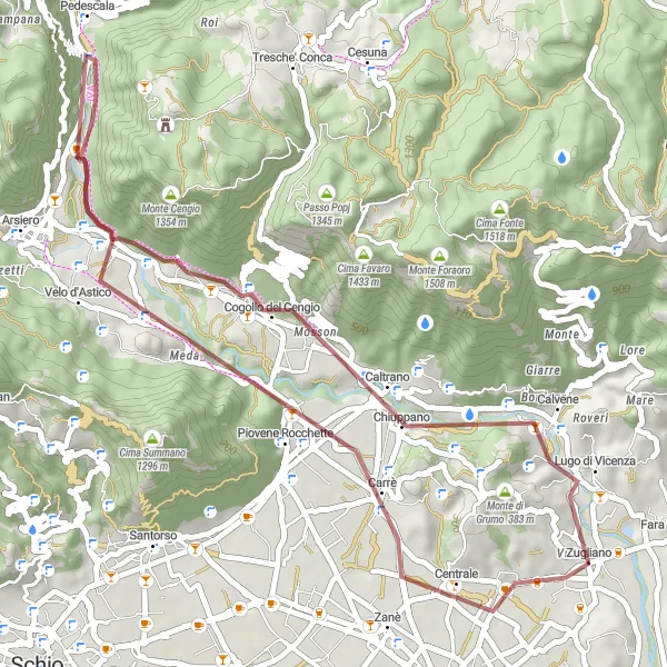 Miniatura della mappa di ispirazione al ciclismo "Gravel verso Monte Grumo Alto" nella regione di Veneto, Italy. Generata da Tarmacs.app, pianificatore di rotte ciclistiche