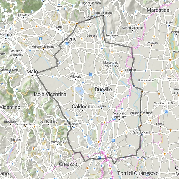 Miniaturní mapa "Cyklotrasa Sandrigo - Monte Cucco" inspirace pro cyklisty v oblasti Veneto, Italy. Vytvořeno pomocí plánovače tras Tarmacs.app