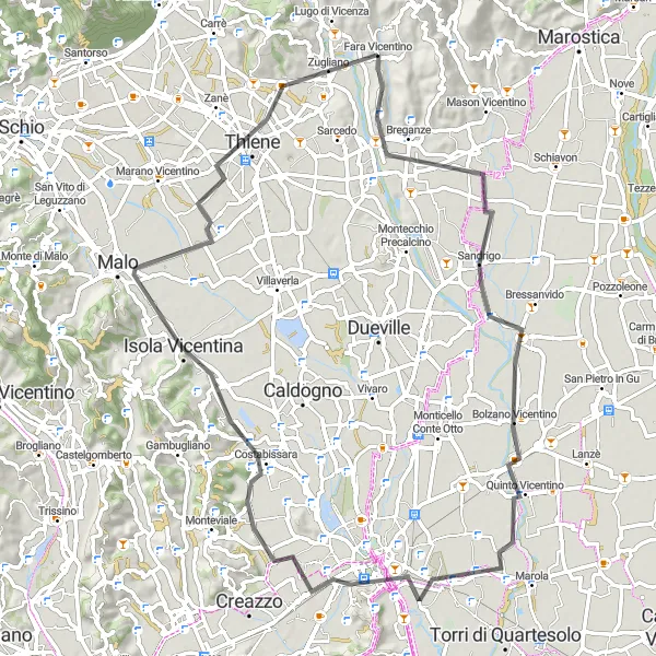 Miniatuurkaart van de fietsinspiratie "Fietsen door Schilderachtig Veneto" in Veneto, Italy. Gemaakt door de Tarmacs.app fietsrouteplanner