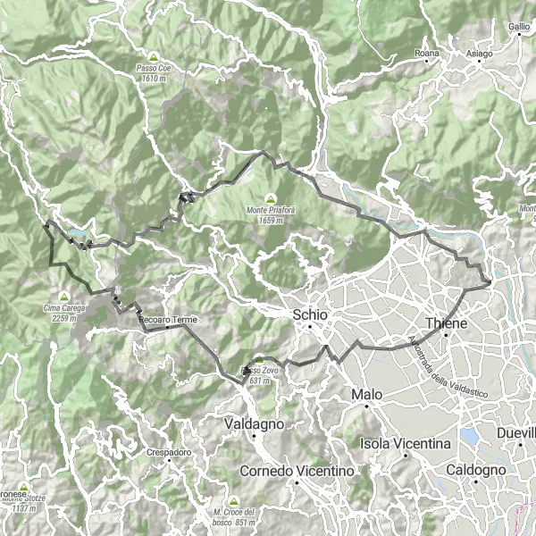 Miniatura della mappa di ispirazione al ciclismo "Avventura ciclistica da Zugliano a Recoaro Terme" nella regione di Veneto, Italy. Generata da Tarmacs.app, pianificatore di rotte ciclistiche