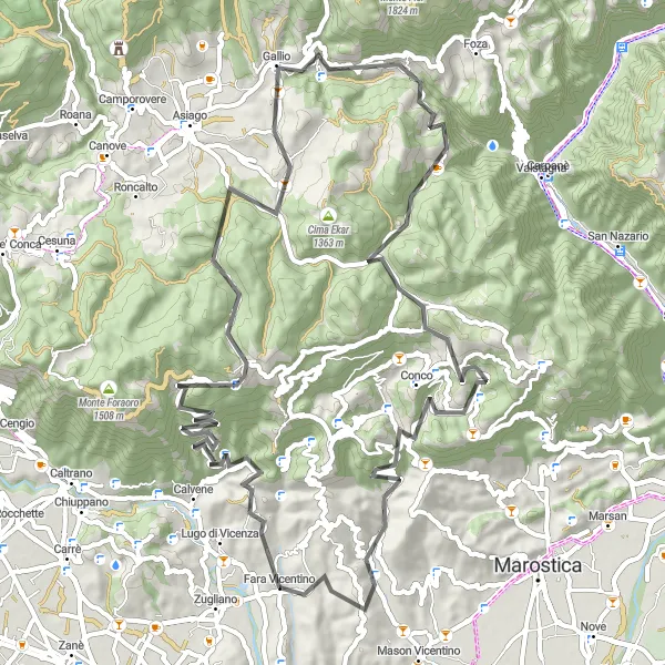 Miniature de la carte de l'inspiration cycliste "Les Montagnes et Collines de Vicence" dans la Veneto, Italy. Générée par le planificateur d'itinéraire cycliste Tarmacs.app