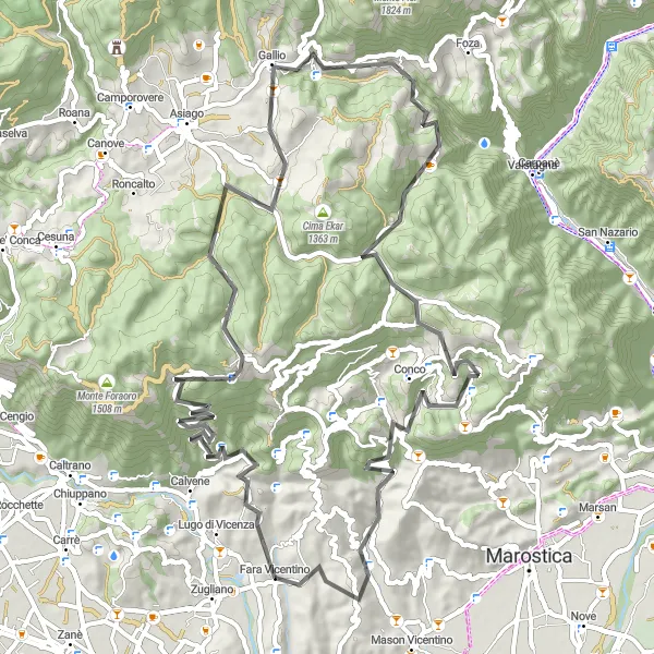 Kartminiatyr av "Eventyrlig sykkeltur gjennom Venetos fjellandskap" sykkelinspirasjon i Veneto, Italy. Generert av Tarmacs.app sykkelrutoplanlegger