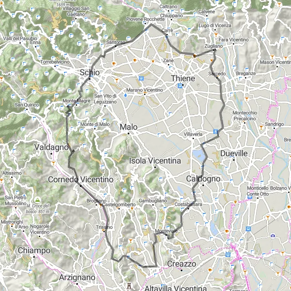 Miniaturní mapa "Trasa Monte Costi" inspirace pro cyklisty v oblasti Veneto, Italy. Vytvořeno pomocí plánovače tras Tarmacs.app