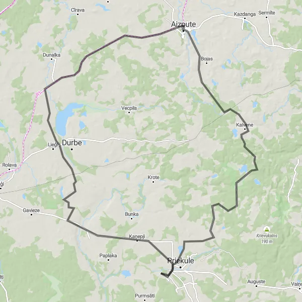 Map miniature of "The Aizpute Loop" cycling inspiration in Latvija, Latvia. Generated by Tarmacs.app cycling route planner