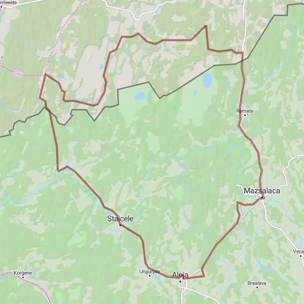 Map miniature of "Gravel route from Aloja to Massiaru, Staicele, Ramata, and Mazsalaca" cycling inspiration in Latvija, Latvia. Generated by Tarmacs.app cycling route planner