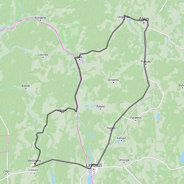 Map miniature of "Road route from Aloja to Puikules stacija, Limbaži, Limbažu Lielezers, Tiniņkalns, Mežciems, Viļķene, and Aloja" cycling inspiration in Latvija, Latvia. Generated by Tarmacs.app cycling route planner