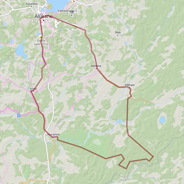 Map miniature of "Alūksne - Pullanu kalns - Anna - Jaunanna - Mālupe - Alūksne - Alūksnes ezers" cycling inspiration in Latvija, Latvia. Generated by Tarmacs.app cycling route planner