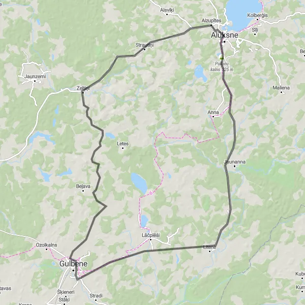 Map miniature of "Alūksne to Pullanu kalns Loop" cycling inspiration in Latvija, Latvia. Generated by Tarmacs.app cycling route planner