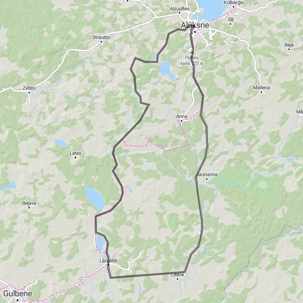 Map miniature of "Around the Beautiful Alūksne" cycling inspiration in Latvija, Latvia. Generated by Tarmacs.app cycling route planner