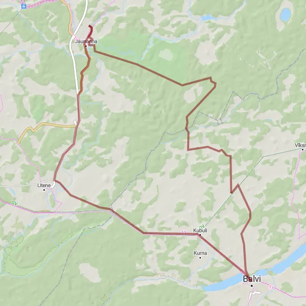 Map miniature of "Balvi - Kordona - Jaunanna - Jaunannas medību pils" cycling inspiration in Latvija, Latvia. Generated by Tarmacs.app cycling route planner