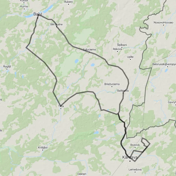 Map miniature of "Balvi - Baltinava - Kārsava - Kožurki" cycling inspiration in Latvija, Latvia. Generated by Tarmacs.app cycling route planner