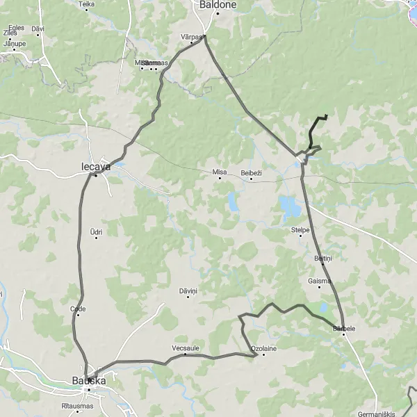 Map miniature of "Kundziņkrogs and Stunning Countryside Road Circuit" cycling inspiration in Latvija, Latvia. Generated by Tarmacs.app cycling route planner